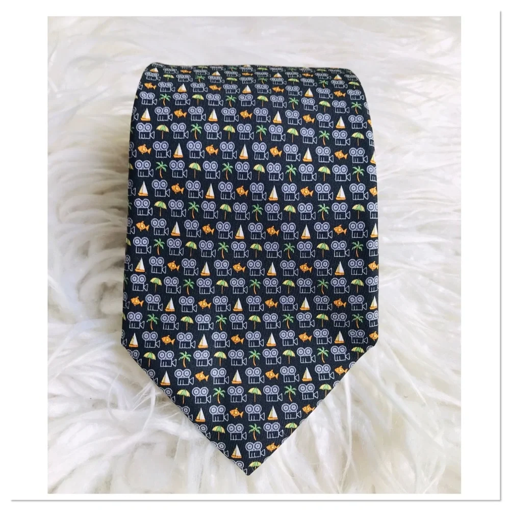 Salvatore Ferragamo 100% Silk Tie Fish Palm Tree Print Black Multicolour